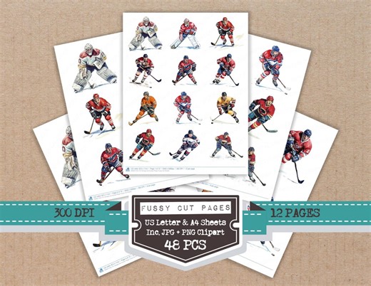 Vintage Ice Hockey Player Fussy Cut Sheets, 12x Printable Pages, Junk Journal Cut Outs, Card Making Ephemera, Print and Cut, Digital - Etsy