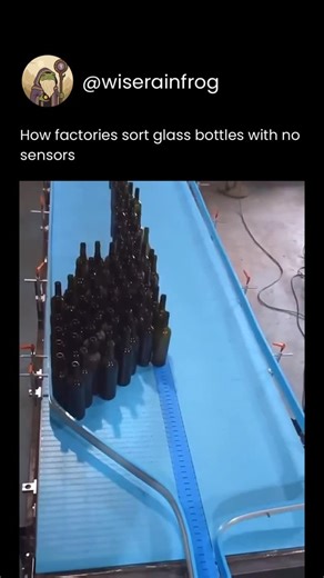 Wise Rain Frog on Instagram: "This type of bottle sorting system showcases a clever application of reverse conveyor logic. While the main conveyor funnels the bottles forward into a streamlined line, the belt on the right side actually moves in the opposite direction. This reverse belt plays a critical role: it diverts excess or misaligned bottles backward, giving them a second chance to re-enter the flow correctly. By avoiding pile-ups and preventing jams, this feedback loop ensures a continuou