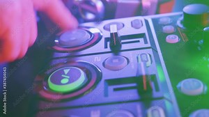 Loop stationon table for working of sound designer or club dj at party in nightclub. Musical player for tuning of stage.