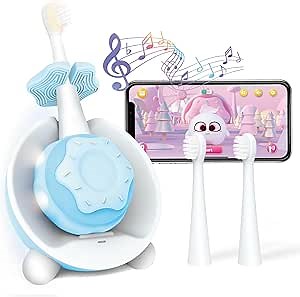 Kids Electric Toothbrushes, Musical Electric Toothbrushes with App Control, Toddler Toothbrush, Check in LED Light, Built in 7 Songs, 4 Modes with Timer, IPX7, Ages 1+, 3 Brush Heads, Blue