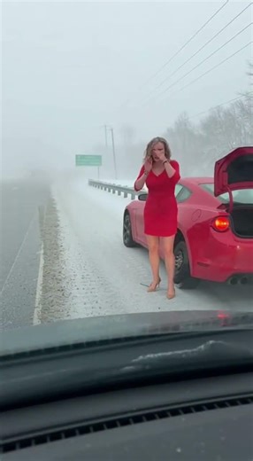 Snow Plow vs Red Dress ❄️🚗Flat tire + blizzard + plow = chaos! 😂 #WinterFail #SnowPlow