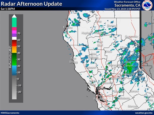 4.6K views · 29 reactions | Here is your radar afternoon update for Northern California. Light to moderate rain showers are shown across the area. There is a 10-20% chance of isolated thunderstorms for Valley and foothills through this evening. Visit weather.gov/sto for the latest forecast. | US National Weather Service Sacramento California | Facebook