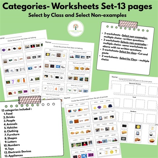 Categories-Negations  & Select by Class Worksheets (ABLLS-R C37, C56)
