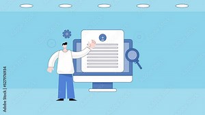 Person instructing user guide online, user manual animation concept.