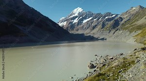 New Zealand's Tallest Mountain, Mount Cook, on Sunny Day. Slow Motion Pan Up