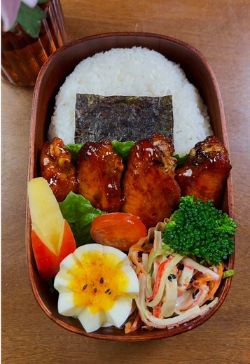 Bento Lunch with Sweet and Spicy Wings and Onigiri