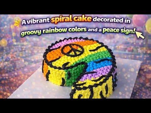A vibrant spiral cake decorated in groovy rainbow colors and a peace sign #cake #birthdaycake