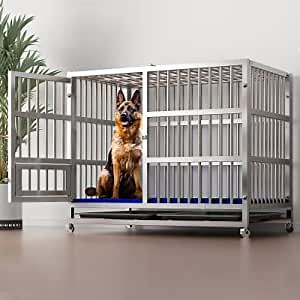 Large Stainless Steel Dog Crate XL 43inch Kennel Cages and Playpen for Training Large Dog Indoor Outdoor with Double Doors, Metallic, (EL-450C)