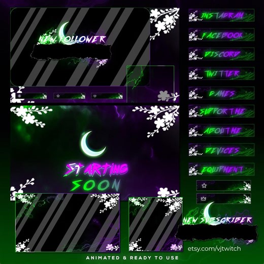 Neon Moon Twitch Overlay Pack | Animated Stream Screens, Alerts & Panels | OBS Streamlabs Compatible | Gamer and Vtuber Streaming Package - Etsy