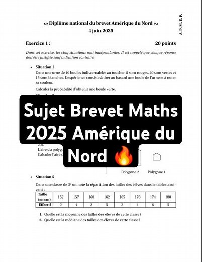 Sujet Brevet Maths 2025 Amérique du Nord 🔥