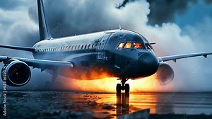 Flying aircraft with exploding engine just before air crash, A airplane on fire on a blue sky