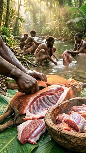 Pygmy Tribe Slices Orange Hog Together 🐗👥#tribalfood #primitivecooking #shorts