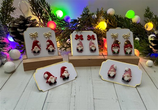 Christmas Gnome Earrings, Handmade Polymer Clay Festive Jewelry - Etsy