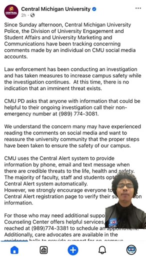 Central Michigan University Police investigate online threats.