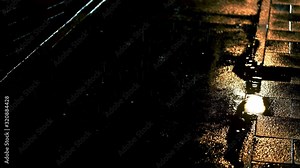 Rainy street in urban city illuminated by city and traffic lights. Night scene with wet ground.
