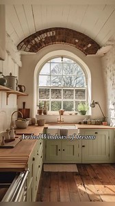 1.1K views · 214 reactions | Beautiful arched windows in the kitchen  - @melaniejadedesign #archedwindows #archedwindow #archedwindowtreatments #vintagekitchen #vintagekitchenware #englishcottage #vintagevibes | Vintage Design Home | Facebook