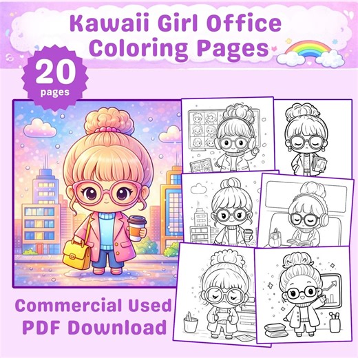 Kawaii Girl Office Coloring Pages | 20 Printable Kids Activity Sheets (commercial Use PDF) - Etsy