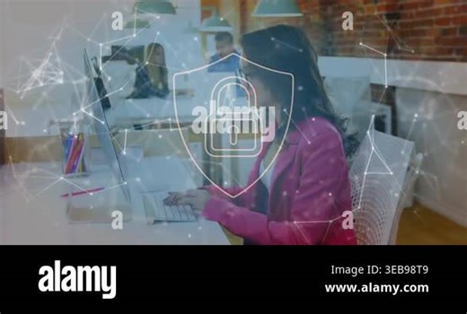 Animation of security padlock and network of connections against woman using computer. Cyber security and business technology concept Stock Video Footage - Alamy