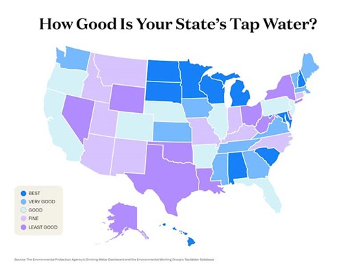 This map shows the states with the best - and worst - tap water in the US