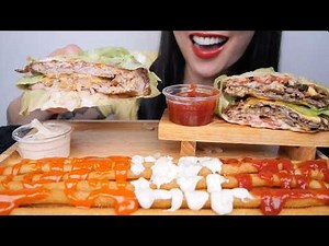 GIANT FRIES + PORK CHICKEN LETTUCE BURGER (ASMR EATING SOUNDS) NO TALKING | SAS-ASMR