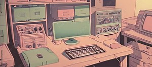 Charming cartoon depiction of a retro workspace featuring a classic computer, vintage office supplies, and a touch of nostalgia