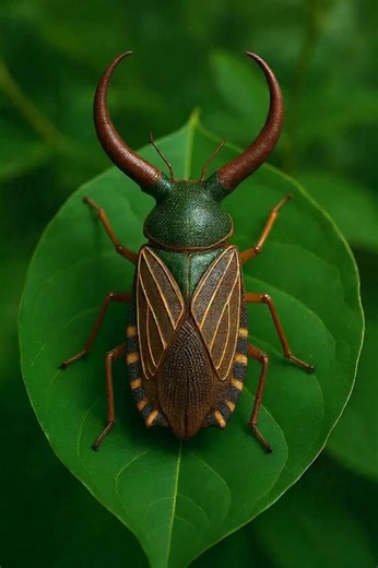 A bug? A leaf? A warrior in disguise. This isn’t a spaceship. It’s not a carving. It’s a Horned Shield Bug — one of nature’s most jaw-dropping pieces of living armor. Perched on a leaf, it looks like a medieval artifact: Ornate shield patterns Bronze-toned wings And those two massive horns pointing outward like warning signs But it’s not just for show—this bug uses shape and shadow to vanish into foliage. Predators hesitate. Camouflage wins. And right beneath it? Those pale, pearl-like beads? Th