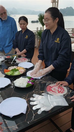 Veg spring roll kitchen class at cruse Vietnam