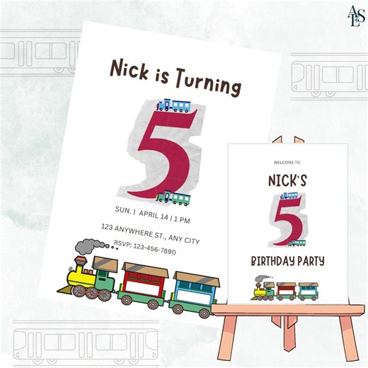 Train Birthday Invitation Bundle, Mobile Invite and Welcome Sign, Canva Template Aura - Etsy