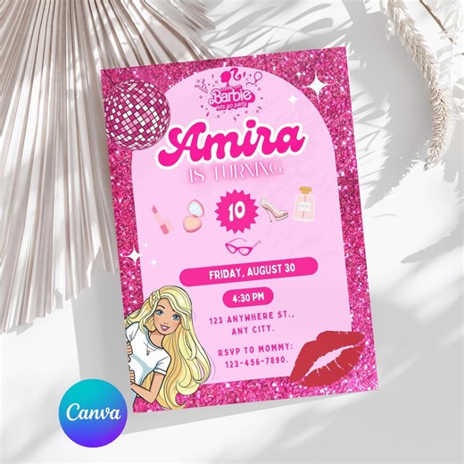 Pink Glitter Theme Birthday Invitation, Barbie Theme Birthday Invite for Girls, Pink Fashion Doll Birthday Invite Template, Instant Download - Etsy