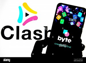 BYTE app logo seen on the silhouette of smartphone screen and blurred background with Clash app logo. Concept for merger. Popular short video platform Stock Photo - Alamy