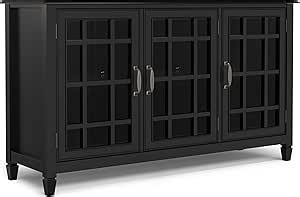 SIMPLIHOME Connaught Storage Cabinet - 60 inch Wide Solid Wood Buffet in Black, Traditional Sideboard for Dining Room, Entryway, or Living Room with Glass Doors, Adjustable Shelves, and Notched Legs