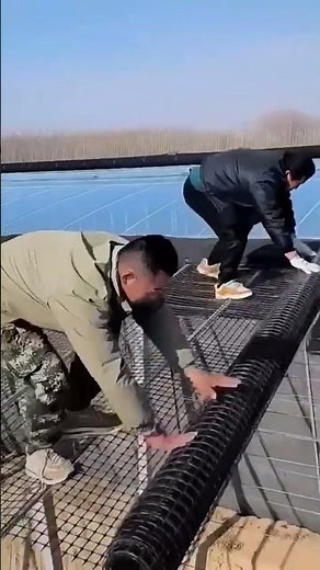 the process of installing netting on the roof frame to cover plants in the garden #construction