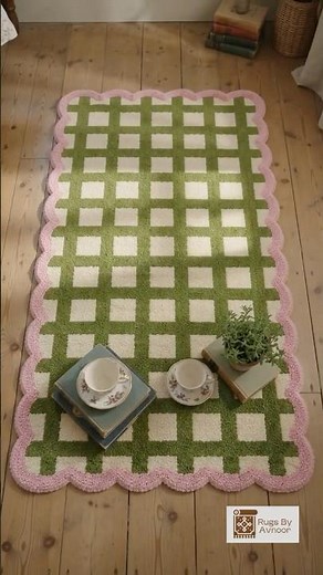 Green Checkered Scalloped Rug 🌸 Handmade Cottagecore Area Rug
