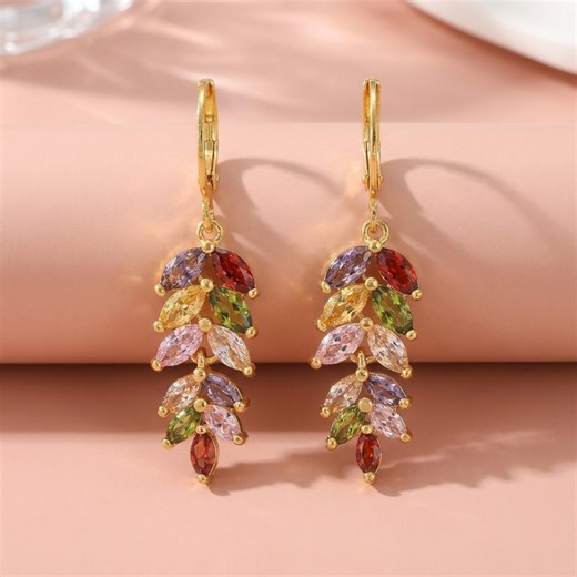 Multicolor Leaf Drop Earrings, Gold Plated Nature Jewelry, Elegant Gift for Her - Etsy