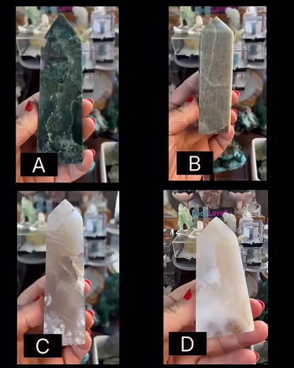 Price Shipping: A - Moss Agate: $90 B - Amazonite: $45 C - Flower Agate: $65 D - Flower Agate: $50 | Rock Love