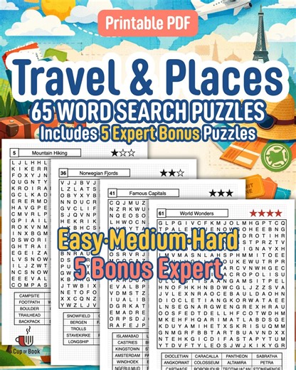 Travel Word Search Puzzles – Cities, Landmarks, Nature (65 Puzzles, PDF) - Etsy