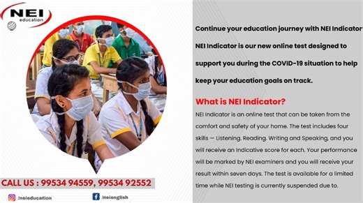 Navya English Institute on Instagram: "Continue your education journey with NEI Indicator NEI Indicator is our new online test designed to support you during the COVID-19 situation to help keep your education goals on track. What is NEI Indicator? NEI Indicator is an online test that can be taken from the comfort and safety of your home. The test includes four skills — Listening. Reading. Writing and Speaking, and you will receive an Indicative score for each. Your performance will be marked by 