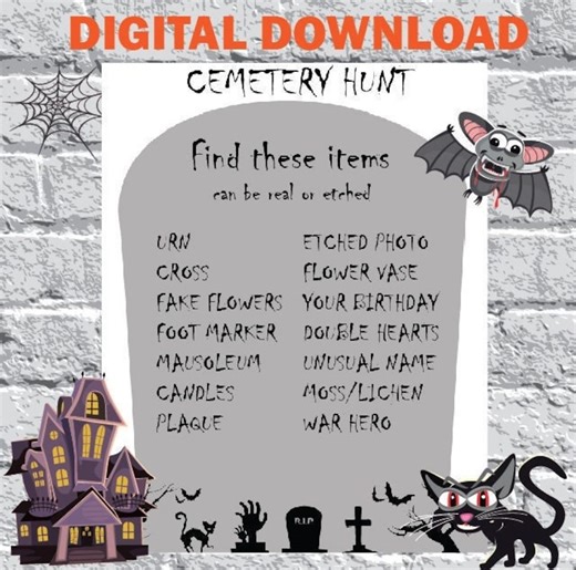 Búsqueda del tesoro en el cementerio de Halloween: Lista de 14 objetos (Descarga digital) - Etsy España