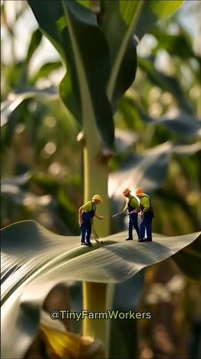 Tiny Workers Inspect Giant Corn Leaves #TinyFarmWorkers #MiniatureFarming #GiantCorn