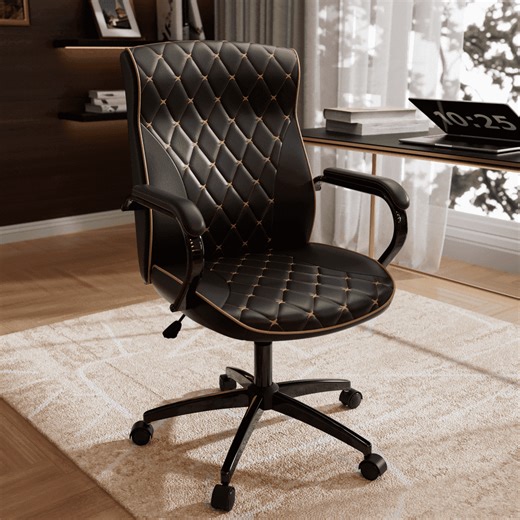 HomeZeer Black Office Chair with Wheels, Ergonomic High Back Executive Desk Chair with Padded Arms, Modern PU Leather Embroidery Computer Chair with Rocking Function