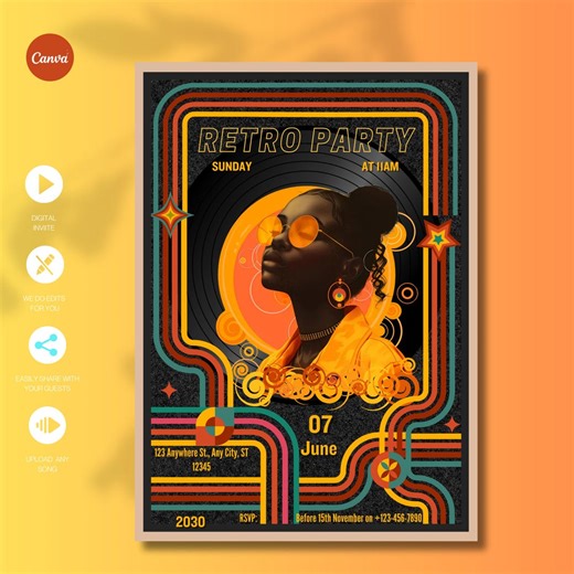 Retro Disco Party Invitation: 70s Groove, Glow Dance (canva Template) - Etsy