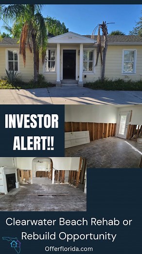 North Clearwater Beach Opportunity  3BR/2BA cottage on oversized lot | $517,725 | ARV mid $800s Hurricane-remediated & ready for your vision. ✨ Two plays: Rehab existing home (cap $121K-$170K) Tear down & build new (up to 1,700 sf per level with intercoastal views) Prime North Beach location steps from sand ️ Surrounded by multi-million dollar homes Perfect for rehabbers, builders & investors DM for details  | Offer Florida | Facebook