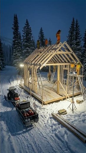 Cabin Build in a Snowstorm | Night Construction Timelapse