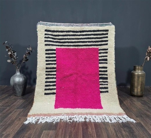Handmade Moroccan Berber Rug - Vibrant Pink & Cream Wool Area Carpet - Modern Abstract Geometric Beni Ourain Style, Soft Plush Nursery Decor - Etsy