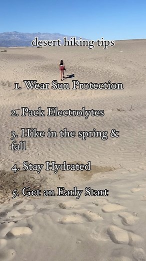 Desert hiking tips ⤵️ 1. Wear Sun Protection A few ways to protect your skin from the sun: sun hoodie, UPF pants, sunscreen, sun hat, sunglasses & lightweight sun umbrella. I prefer light colored sun hoodies & shirts! 2. Pack electrolytes. Did you know that you lose electrolytes when you sweat? And if you overhydrate with water (which we tend to do in the desert!), the electrolytes in your body can become dangerously low. To replenish your electrolytes, you can bring powdered electrolyte drink m