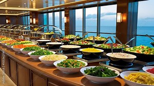 Luxury buffet with ocean view and fresh salad selection