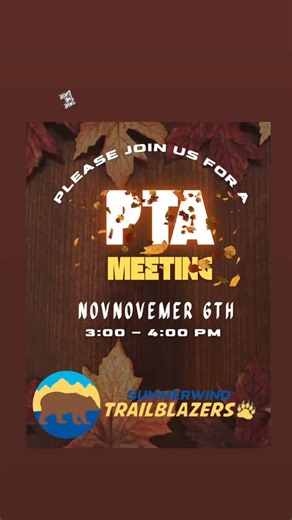 🎉 Let’s Talk, Laugh & Make a Difference! 🎉 PTA Meeting – November 6 from 3:00-4:00 Come for the snacks, stay for the impact. Your voice matters—let’s make school awesome together! #pta2025 #summerwindtrails 📍Summerwind Trails 📝 We’d love to see you! | Summerwind Trails PTA