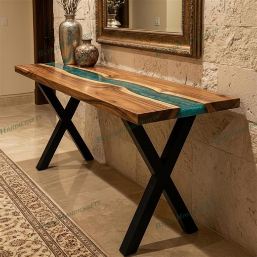 Metallic Green Epoxy Console Table | Natural Solid Wood Entryway Table Handmade Modern Furniture - Etsy