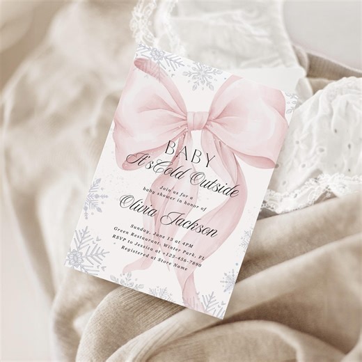 Baby It’s Cold Outside Baby Shower Invitation: Pink Bow Baby Invitation, Elegant Bow Winter Baby, Girl Snowflakes (editable Canva Template) - Etsy