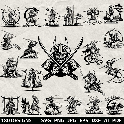 180 Samurai Bundle Svg, Dxf, Eps, Ai, Pdf, Jpg, Png Sword Grayscale Burn Image Vector Cnc Wood Cut Cricut Japanese Worrior Silhouette - Etsy